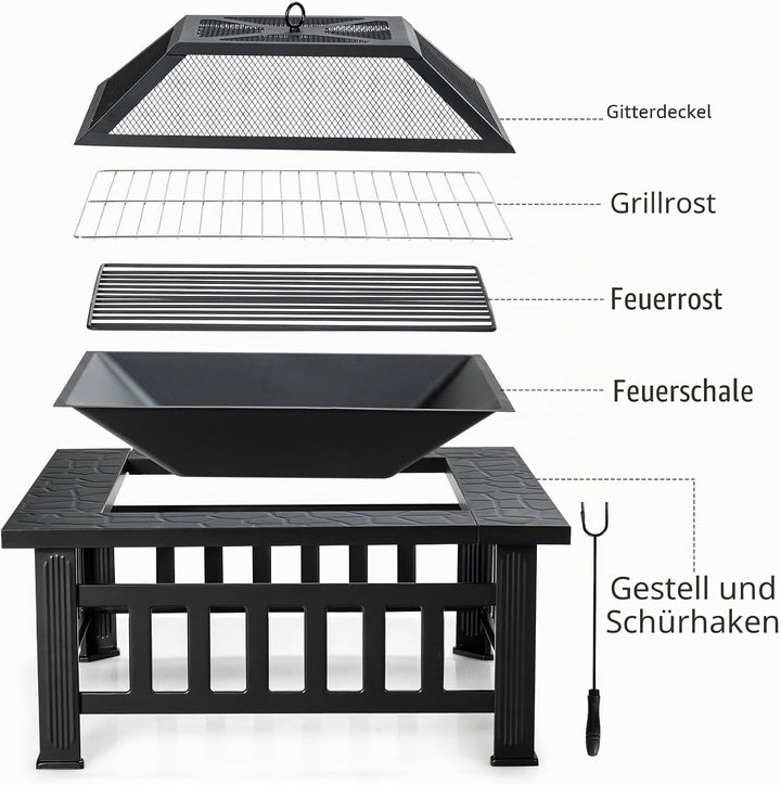 KOMFOTTEU Feuerschale Feuerkorb, Feuerstelle mit Grillrost & Decekl, Flammschale 81 x 81cm Outdoor,