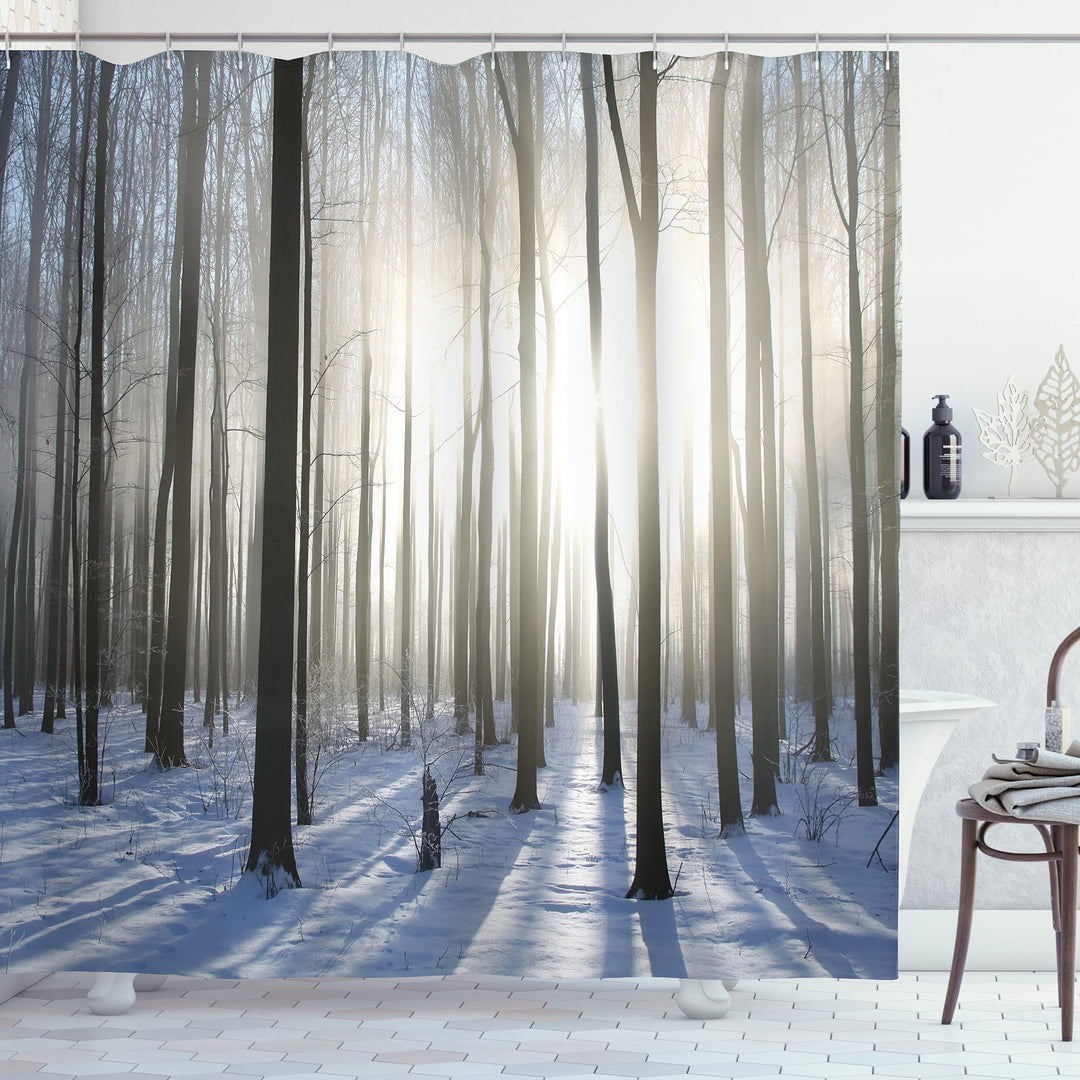 ABAKUHAUS Winter Duschvorhang, Wald Dezember Morgen, Stoffliches Gewebe Badezimmerdekorationsset mit