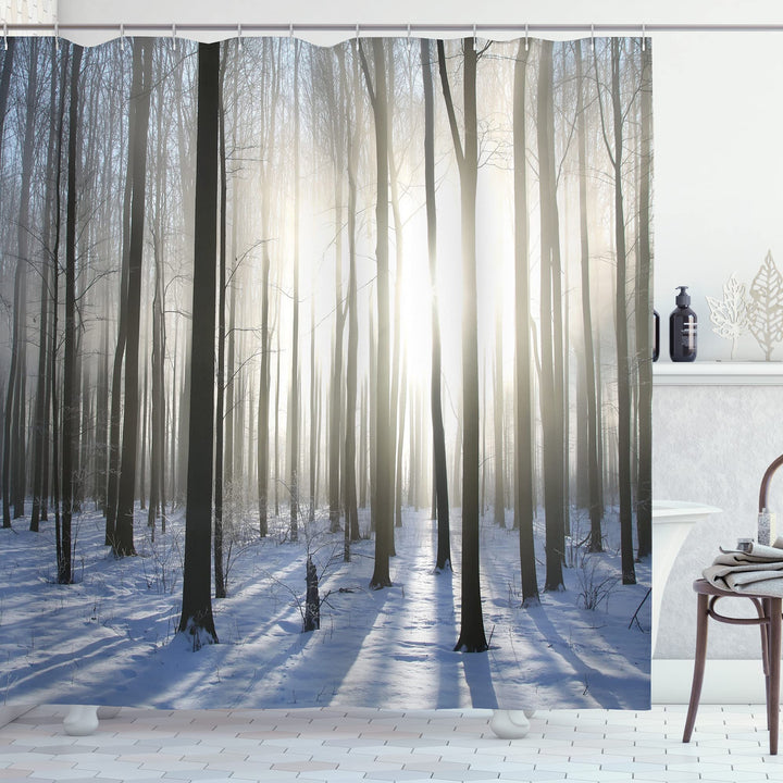 ABAKUHAUS Winter Duschvorhang, Wald Dezember Morgen, Stoffliches Gewebe Badezimmerdekorationsset mit