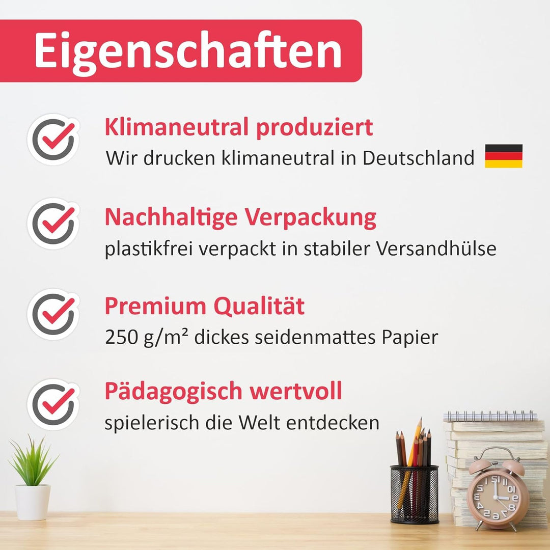 nikima - Kinder Weltkarte 3D in 3 Grössen A3/ A2/ A1 Poster Plakat Tiere Erde Wandbild Kinderzimmer