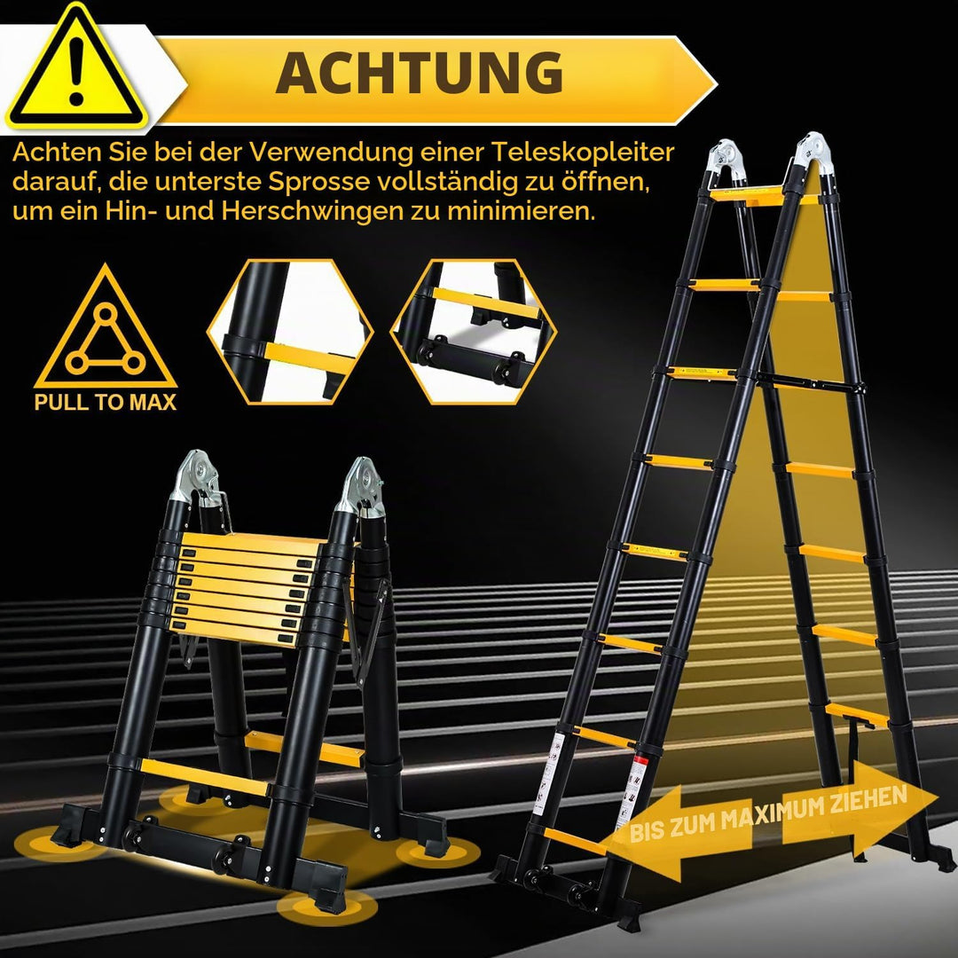 Teleskopleiter Klappleiter Aluminium, Cecaylie 3.8M(1.9+1.9M) Ausziehbare Leiter, Rutschfester Alule