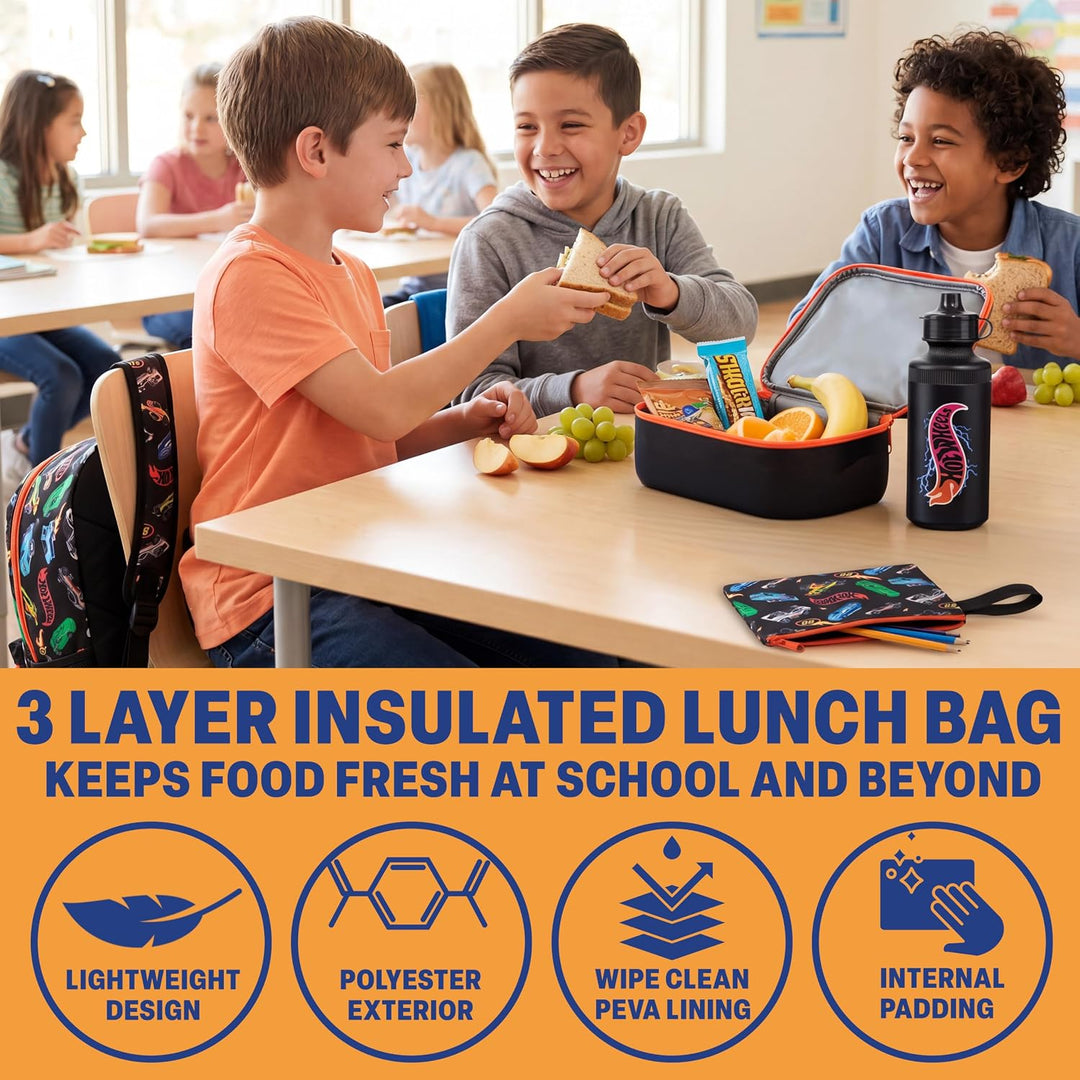Get Trend Hot Wheels Rucksack Kinder 4er Set, Kinderrucksack mit Federmäppchen, Isolierte Lunchtasch