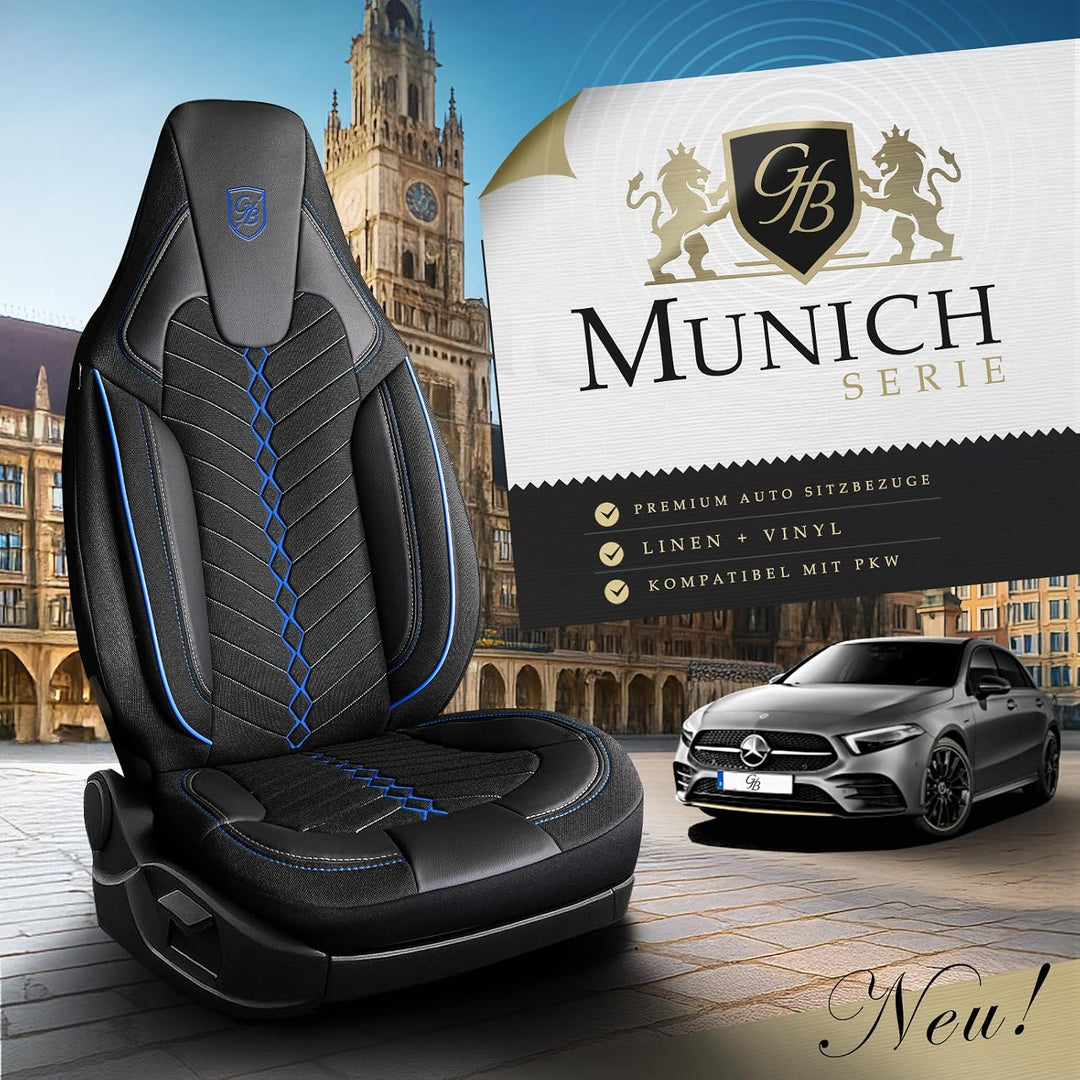 Autositzbezüge Universal für PKW & SUV – Premium Vordersitze Auto Sitzbezug aus Leinen, Schwarz-Blau