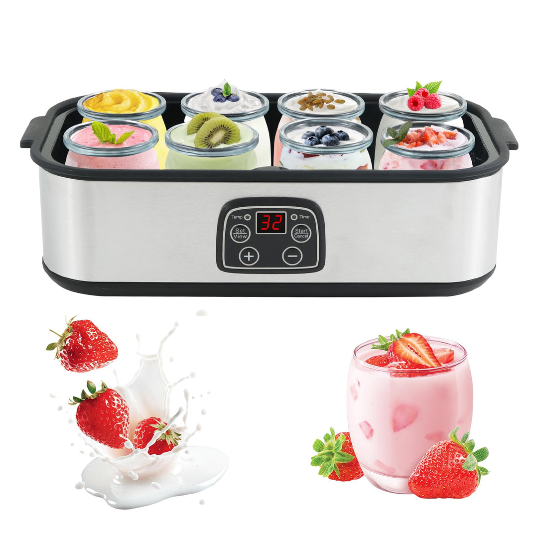 Joghurtbereiter, Digitaler Yogurt Maker, 8 Glasbehälter à 180 ml für bis 1.5L, Griechischer Joghurtm