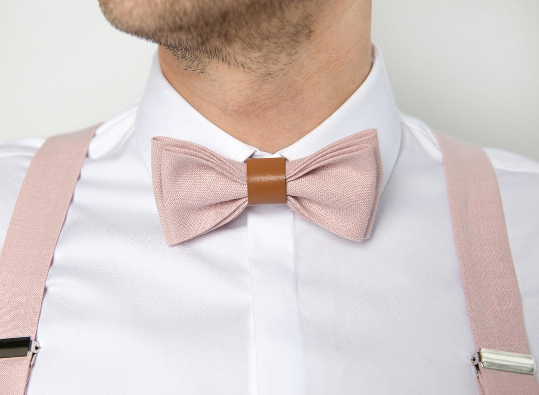 LINILI Leinen Accessoires SET: Fliege und Hosenträger für Herren- mit Leder- Fliege Bereits gebunden