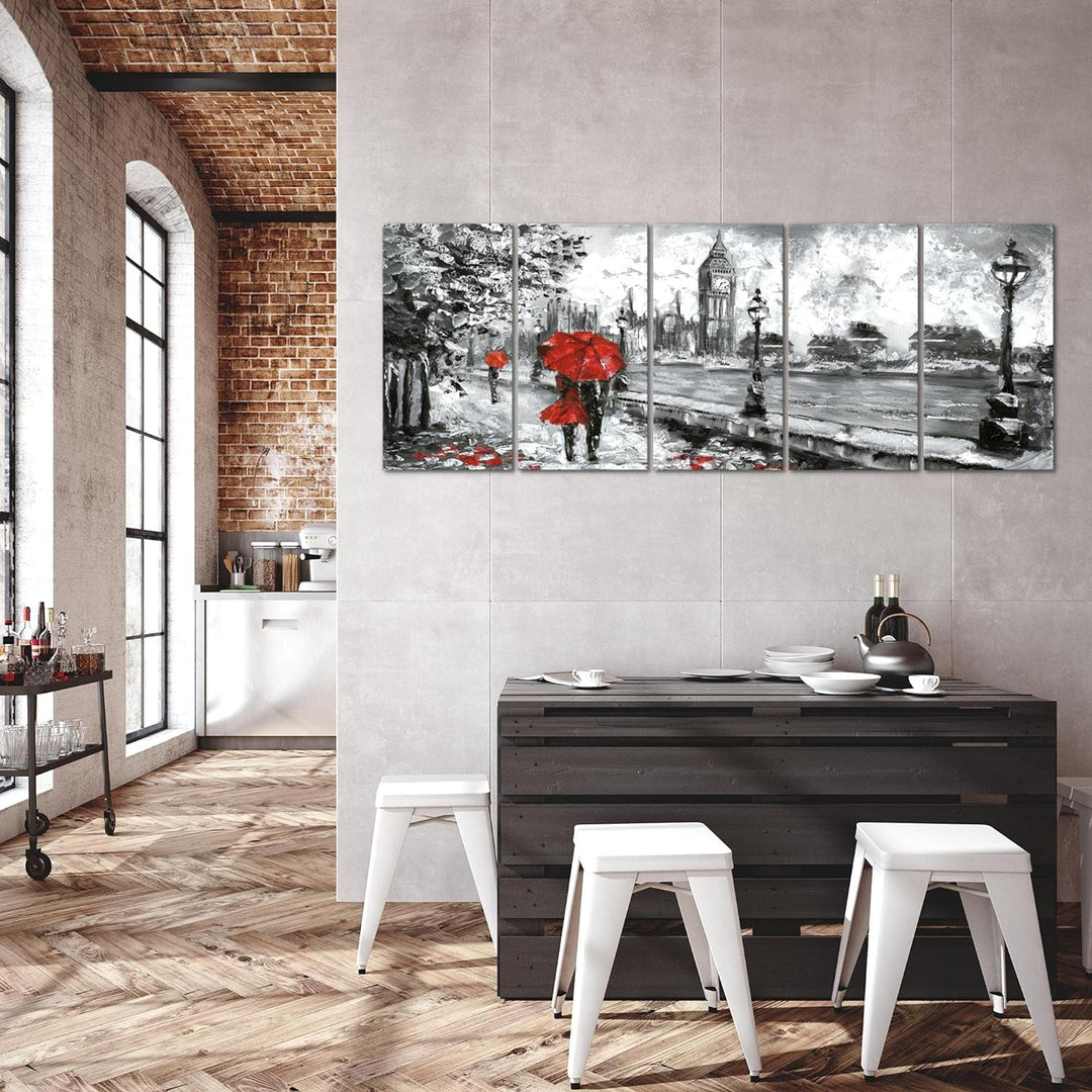 Runa Art Wandbild XXL London Wohnzimmer Schlafzimmer 200 x 80 cm Rot Grau 5 Teilig - Made in Germany