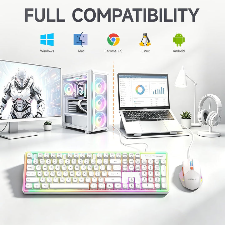 QWERTZ Kabelgebundenes Tastatur Maus Set, USB Full-Size Tastatur mit RGB LED Beleuchtung, leise Memb