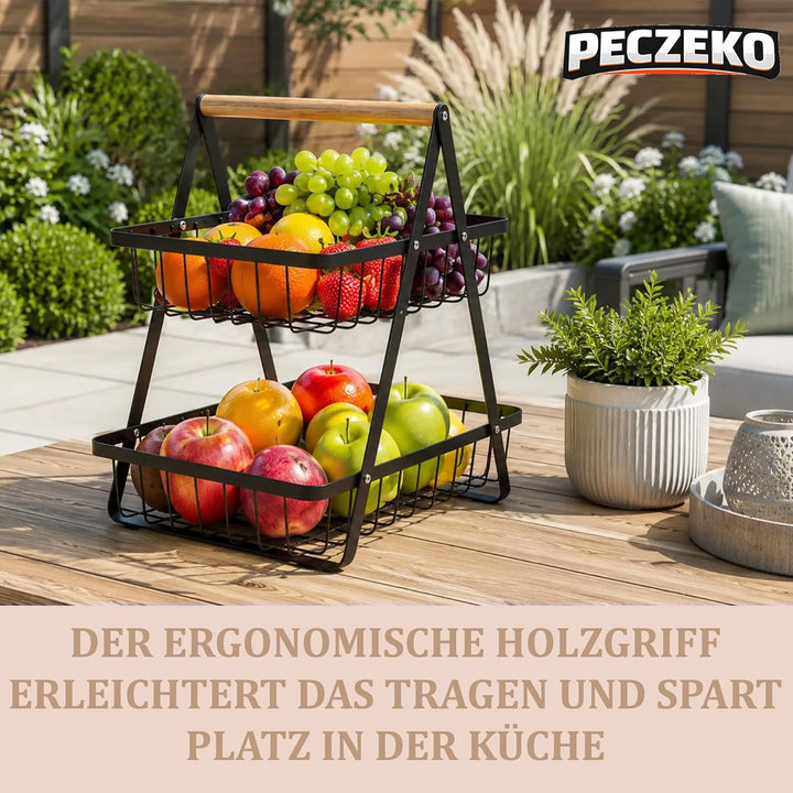 Zweistöckiger Obstkorb mit 2 Ebenen – Platzsparende Obstschale & Obsetagere aus Metall mit Holzgriff