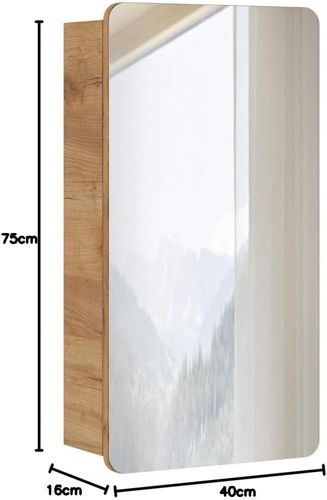 Lomadox Badmöbel Spiegelschrank 40 cm, Wotan Eiche Nb. Nb., 1-türig, 2 Einlegeböden, B/H/T ca. 40/75