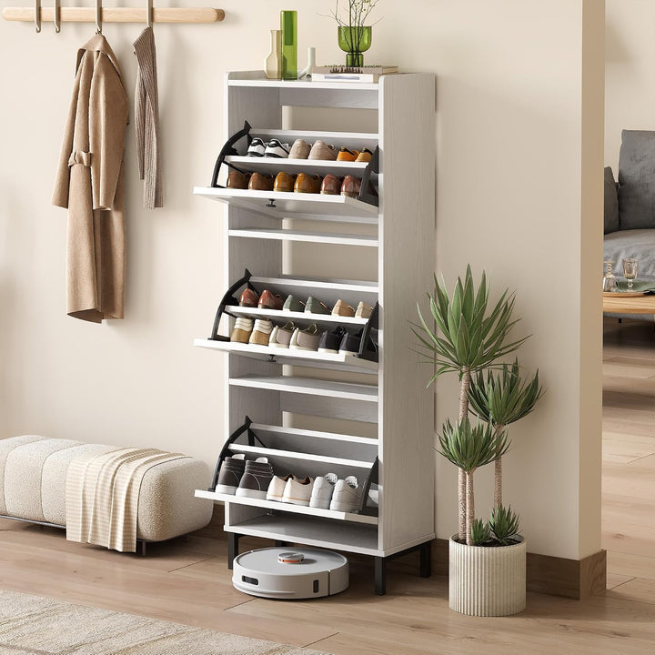 3-Klappen-Schuhschrank, schmaler Holzschrank mit verstellbaren Trennwänden für 14–18 Paar, ideal für