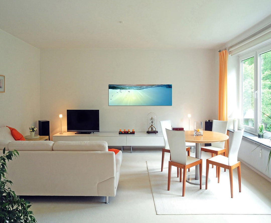 Paul Sinus Art Panoramabild auf Leinwand und Keilrahmen 150x50cm Wasser Welle Unterwasser Sonnenunte