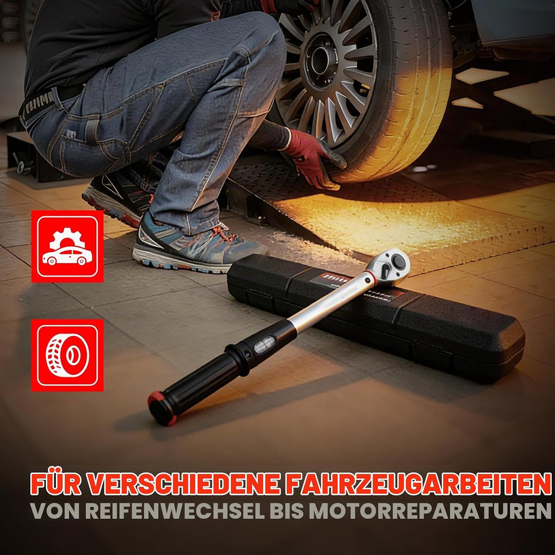 Hairich Drehmomentschlüssel Auto 1/2 Zoll, 40–210 Nm, ±3% Genauigkeit, inkl. 3 Stecknüssen (17/19/21