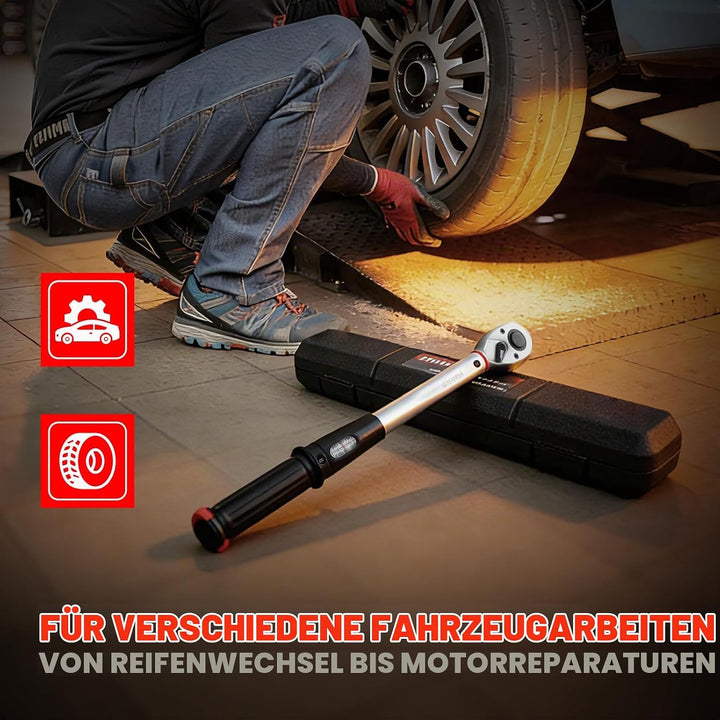 Hairich Drehmomentschlüssel Auto 1/2 Zoll, 40–210 Nm, ±3% Genauigkeit, inkl. 3 Stecknüssen (17/19/21