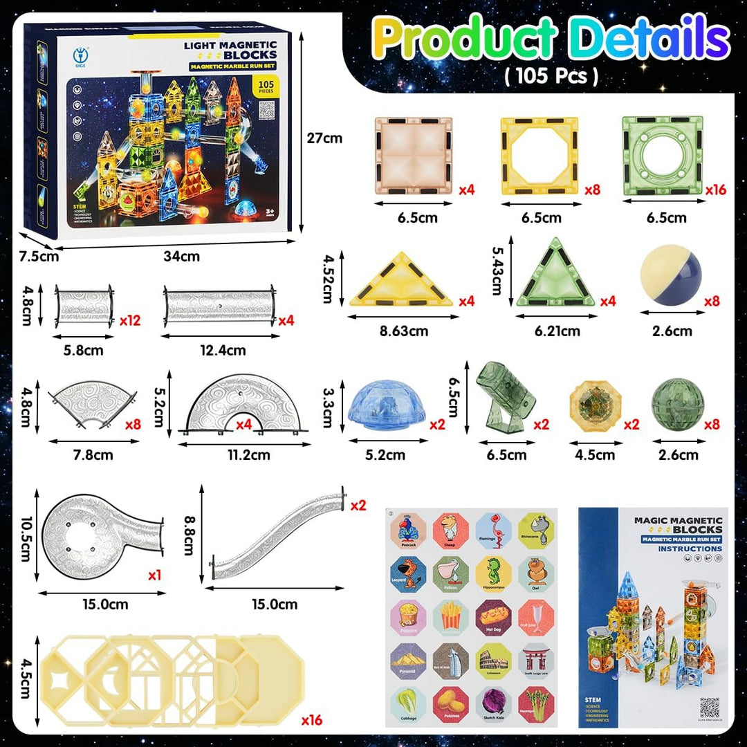 VICTERR Magnetische Bausteine Montessori Spielzeug 105 Teile mit LED & Kugelbahn – STEM Montessori S