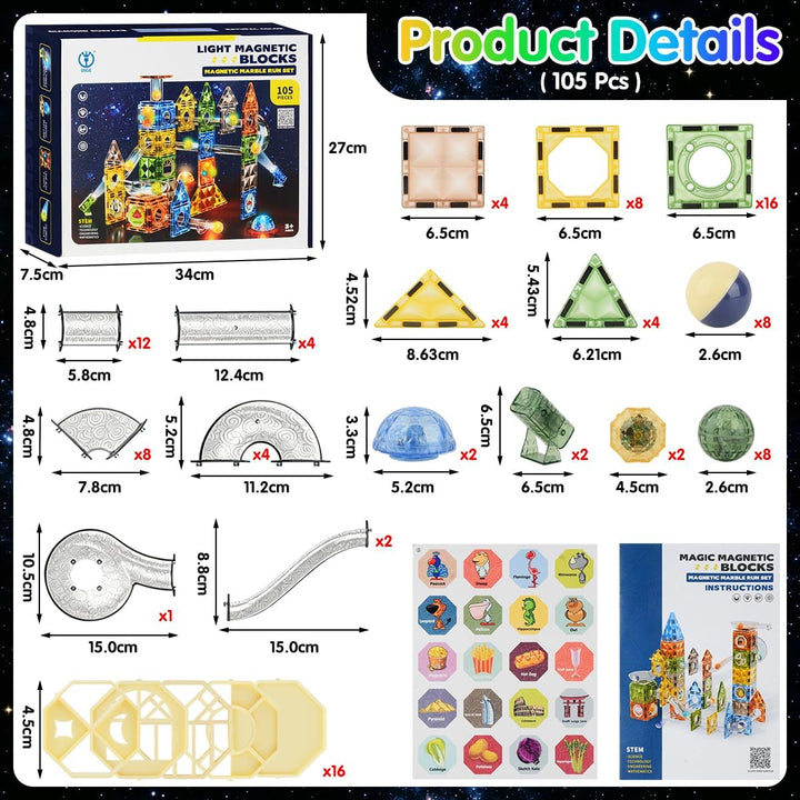 VICTERR Magnetische Bausteine Montessori Spielzeug 105 Teile mit LED & Kugelbahn – STEM Montessori S
