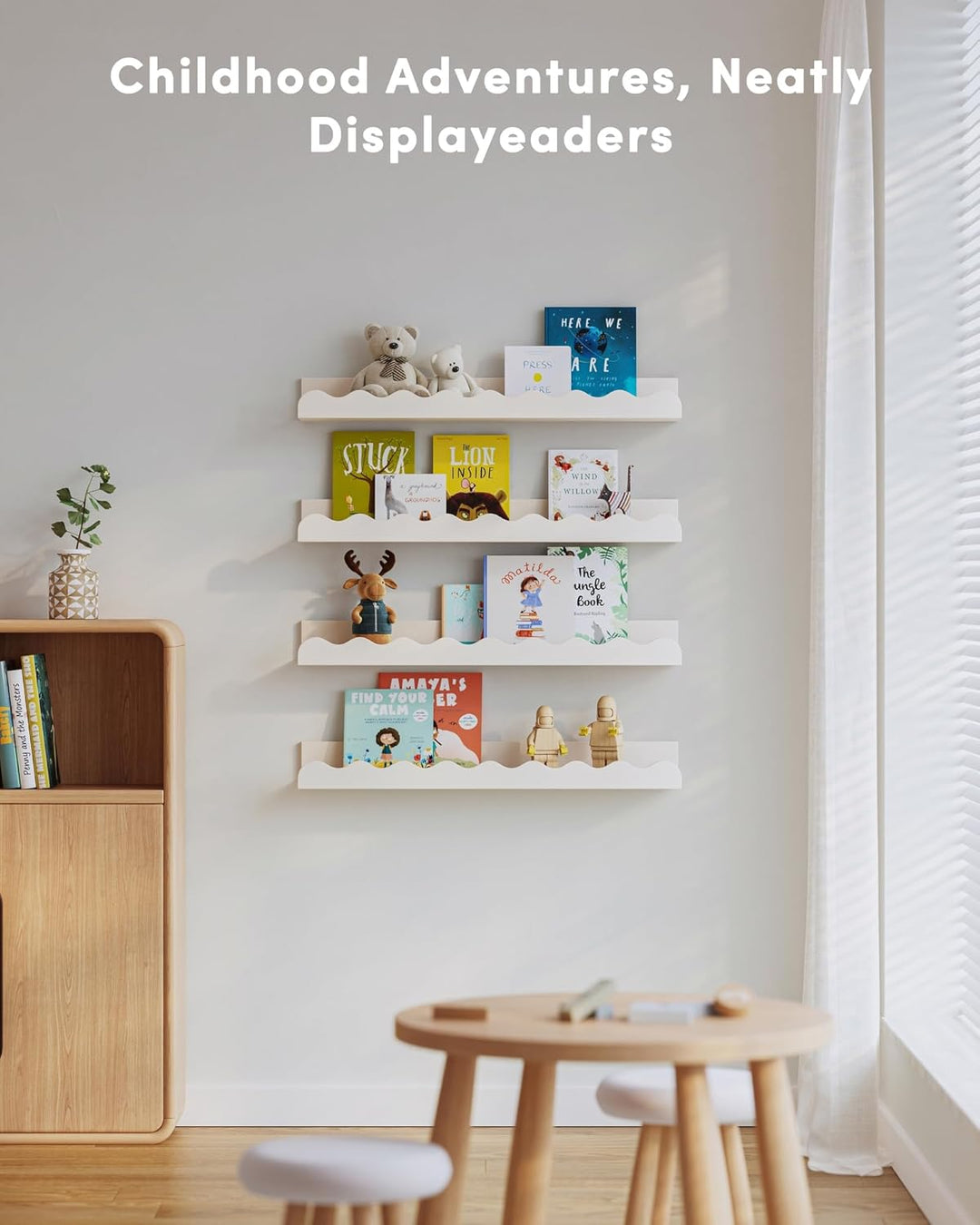 Kids' Bookshelf Set mit 4 weissen Floating Kindergartenbüchern, Bild-Ledge Shelf für Wanddekoration
