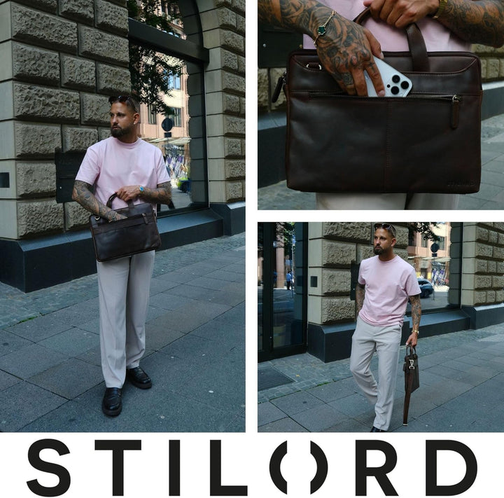 STILORD Ross Vintage Laptoptasche 13,3 Zoll - 14 Zoll Leder Laptophülle Herren Schmal Dokumententasc