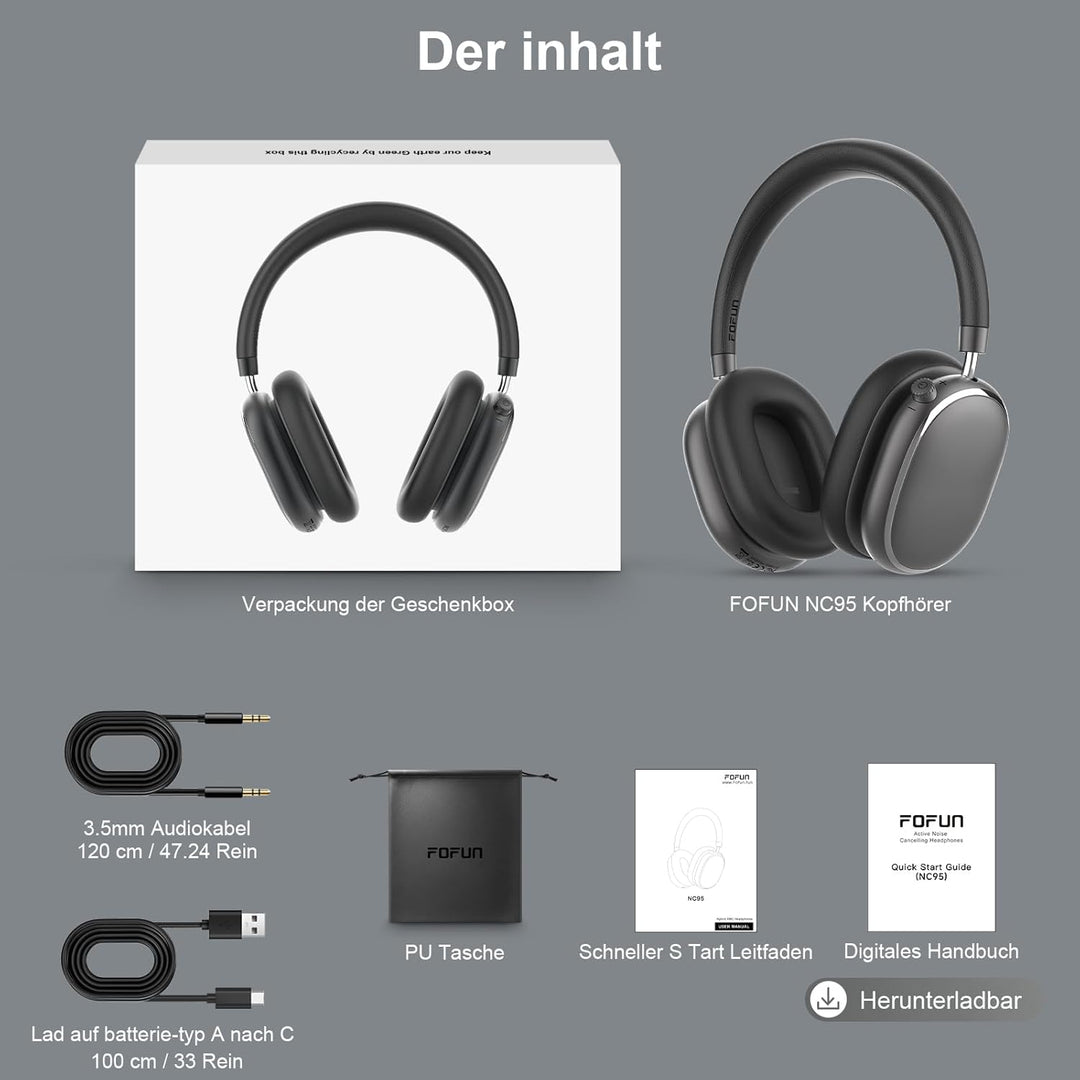 NC95 Hybrid Noise Cancelling Kopfhörer mit Drehknopf,Over-Ear Kopfhörer Kabellos Bluetooth,Transpare