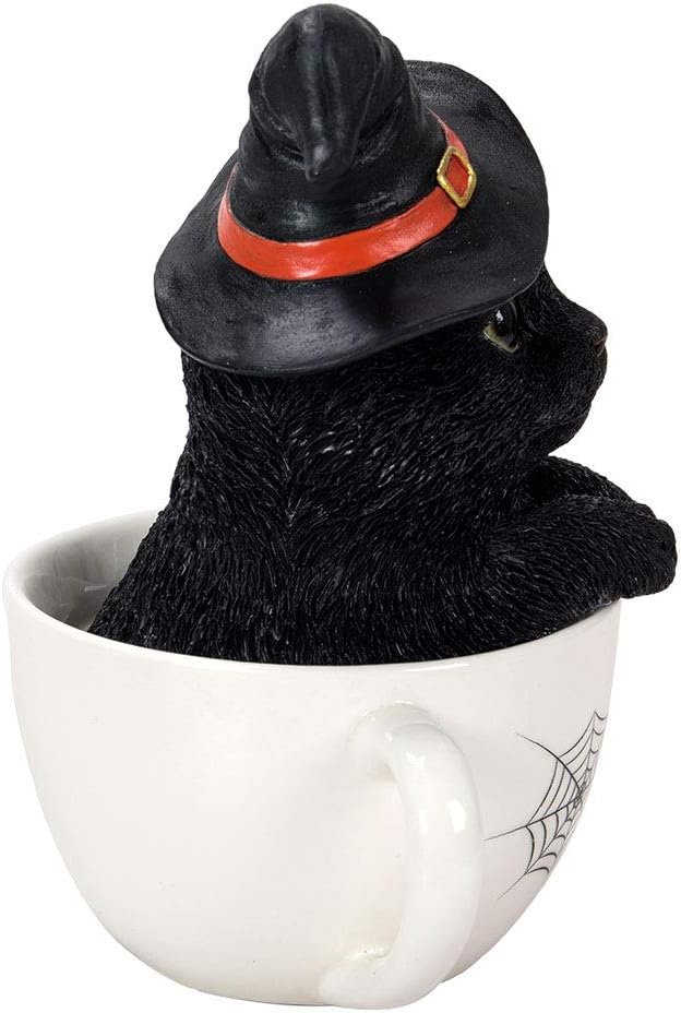 Pacific Giftware Schwarze Hexen Katze in Tasse 16 cm - Figur Deko Statue Halloween Kitty Hexenhut
