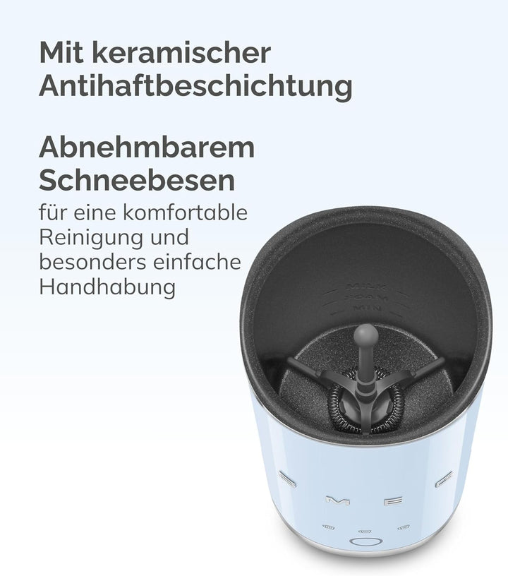 Smeg, MFF02BLEU Elektrischer Milchaufschäumer, 3 Getränkefunktionen, abnehmbarer Schneebesen, Antiha
