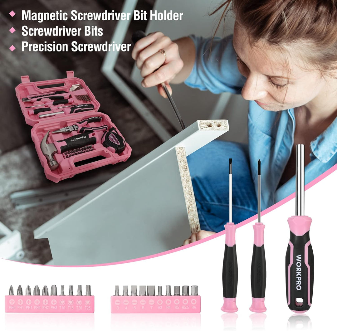 WORKPRO Werkzeugset 35tlg. Rosa Werkzeugsatz, Werkzeugkoffer bestückt, tägliche Werkzeuge, mit Schra