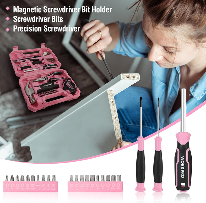 WORKPRO Werkzeugset 35tlg. Rosa Werkzeugsatz, Werkzeugkoffer bestückt, tägliche Werkzeuge, mit Schra