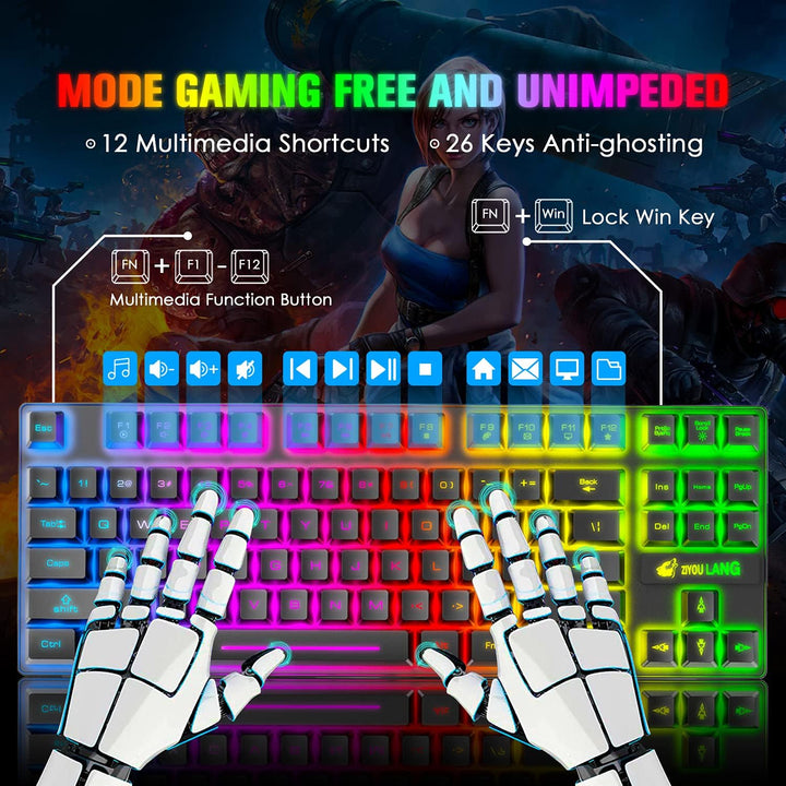 Kabellose Gaming-Tastatur und Maus, 87 Tasten, Regenbogen-LED-Hintergrundbeleuchtung, wiederaufladba