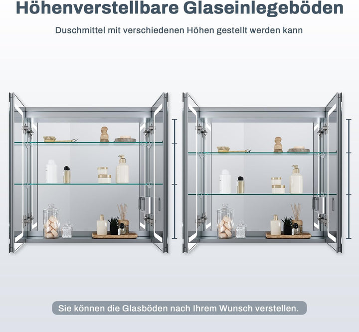 SONNI Spiegelschrank Bad mit Beleuchtung 65 cm breit doppeltürig Aluminium beschlagfrei Badezimmer s