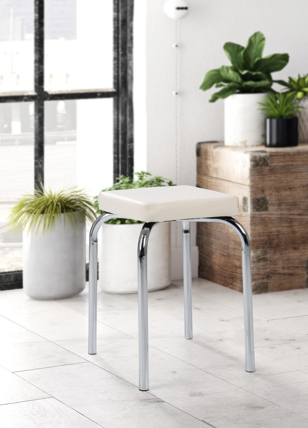 Home4You Sitzhocker - Stapelbar - Belastbar bis 90 kg - 36x47x36 cm - Weiss - Chromfarben - Metall -