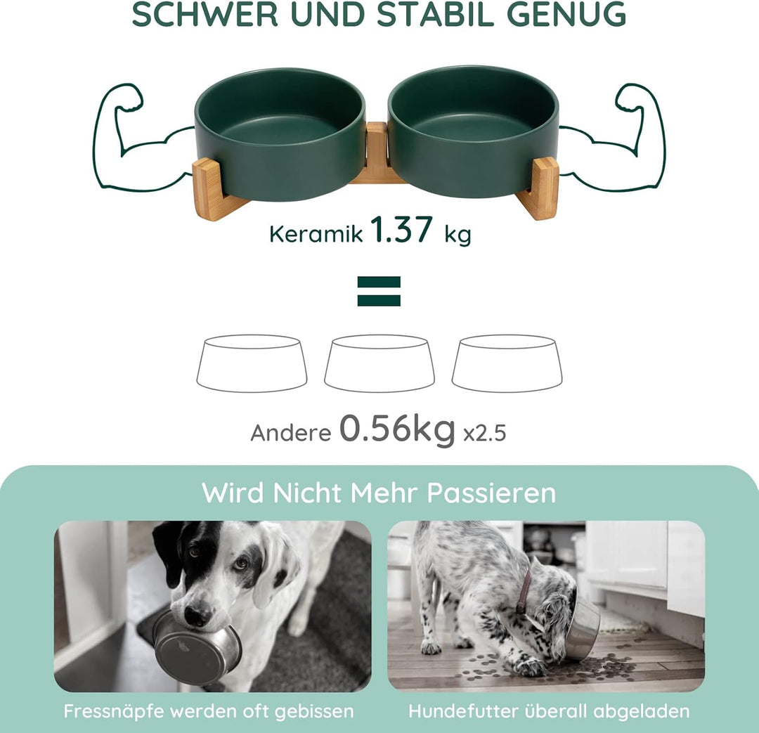 SPUNKYJUNKY Hundenapf Keramik Doppel Hund Futternapf mit Bambus Ständer für Katzen und Hunde (400ml,