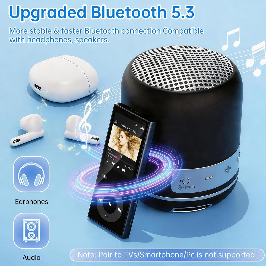 90GB MP3 Player Bluetooth 5.3, Musik Player 2 TF-Kartensteckplätzen, 2,4" Farbbildschirm, Touch-Tast