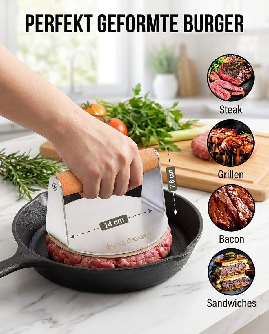 Smash Burgerpresse Edelstahl Ø14cm – mit Holzgriff & 20x Antihaftpapier – Smash Burger Smasher für G