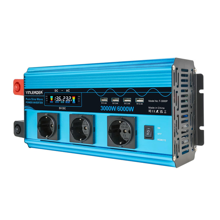 Wechselrichter 3000W /6000W Spannungswandler Reiner Sinus 12V 230V mit 3 Europäische Steckdose und 4