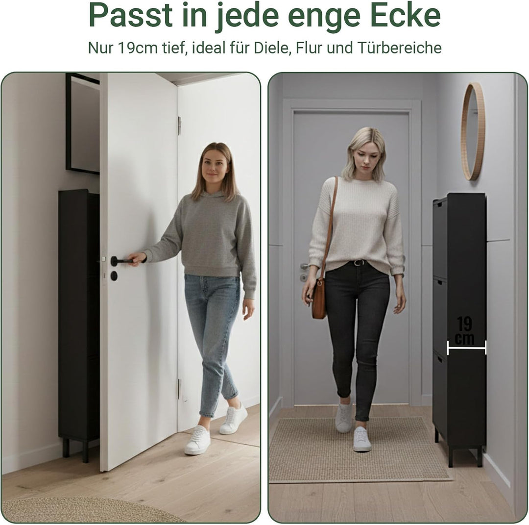 SoBuy Schuhschrank Schmal mit 3 Klappen platzsparender Schuhkipper Schmal Hoch Kommode mit 3 Ablagen