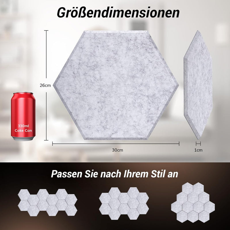 Hexagon Akustikplatten selbstklebend 12 Stücke, TONOR Schallabsorber Schallschutz mit Hochdichte Wan