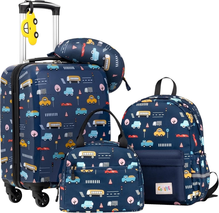 COOLIFE 5tlg Kinderkoffer mit Rucksack, Kindertrolley aus Kunststoff, Kindergepäck, Kinder Kofferset