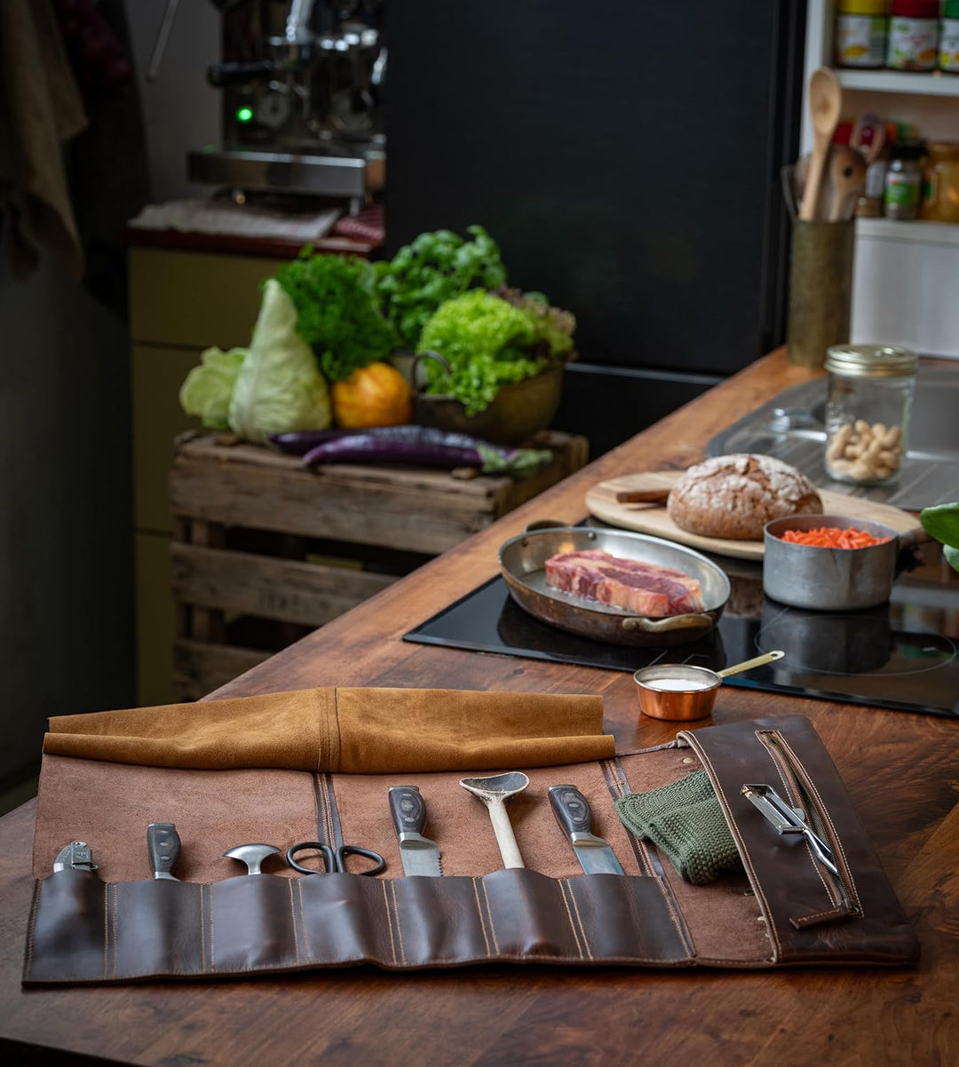 Angus Stoke Messertasche extra gross aus Büffelleder für Köche – Premium Echt-Leder Kochmesserrolle