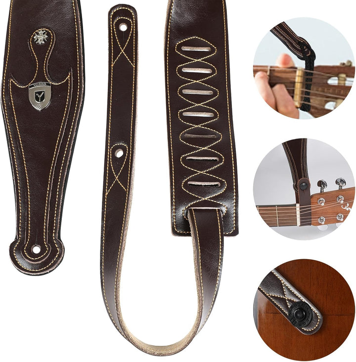 YUEKO Gitarrengurt aus Rindsleder, verstellbar, genarbtes Leder, gepolsterter Schultergurt für Akust
