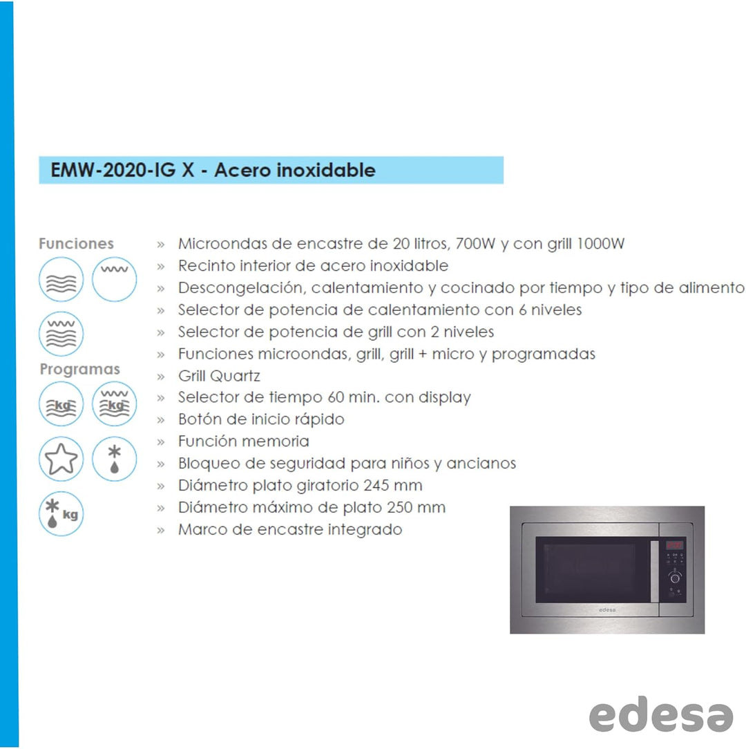 Edesa EMW-2020-IG X Einbau-Mikrowelle (integriert, Grillmikrowelle, 20 l, 700 W, Drehknöpfe, Edelsta