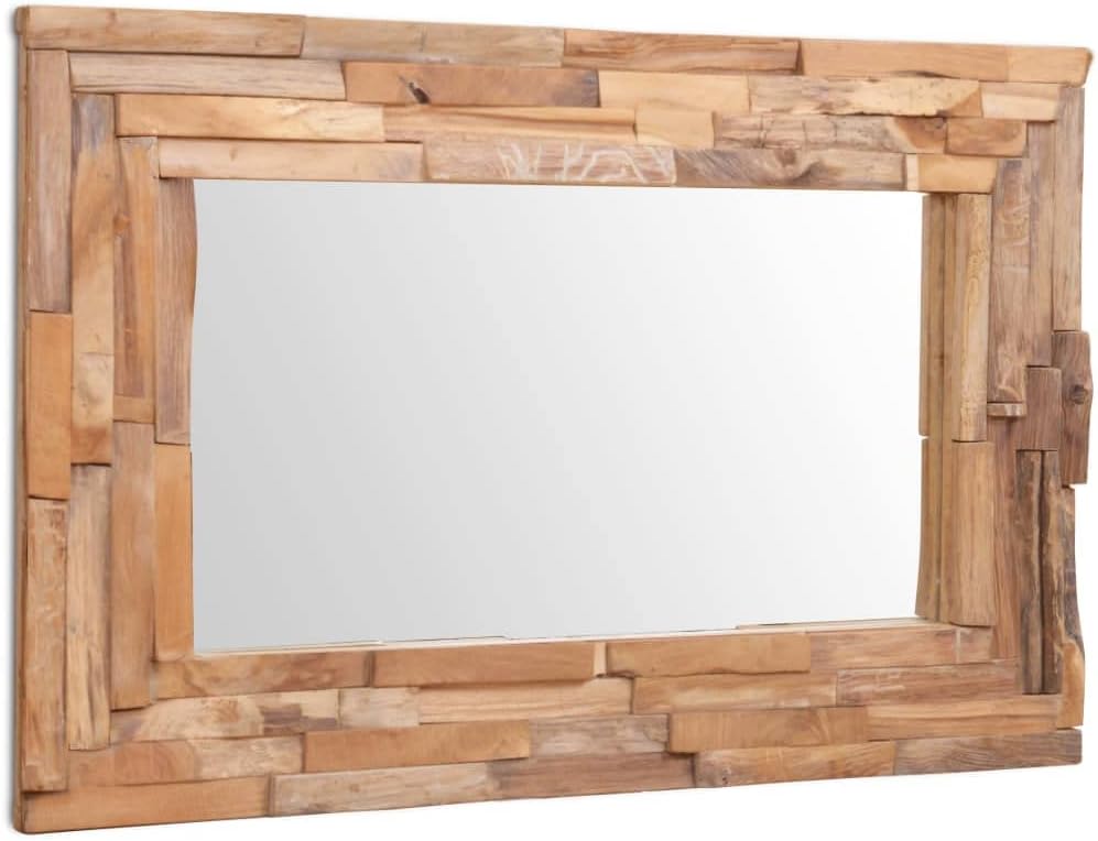 vidaXL Teak Dekorativer Spiegel Handgefertigt mit 4 Aufhängehaken Holzspiegel Wandspiegel Flurspiege