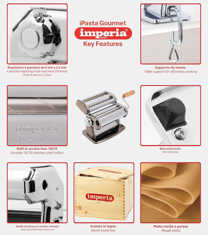 Imperia La Fabbrica Della Pasta Gourmet Line Grobe Nudelmaschine Geschenkset mit Zubehör 100% Made i