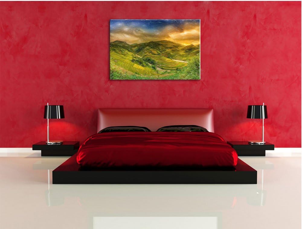 Pixxprint Berg Farm in Asien / 100x70cm Leinwandbild bespannt auf Holzrahmen/Wandbild Kunstdruck Dek