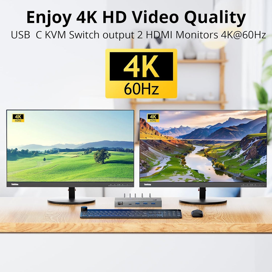 KVM Switch 2 PC 2 Monitore USB C, USB 3.0 KVM Switch Dual Monitor HDMI 4K@60Hz für 2 Laptops, MST, 8