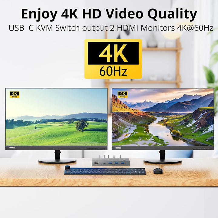 KVM Switch 2 PC 2 Monitore USB C, USB 3.0 KVM Switch Dual Monitor HDMI 4K@60Hz für 2 Laptops, MST, 8
