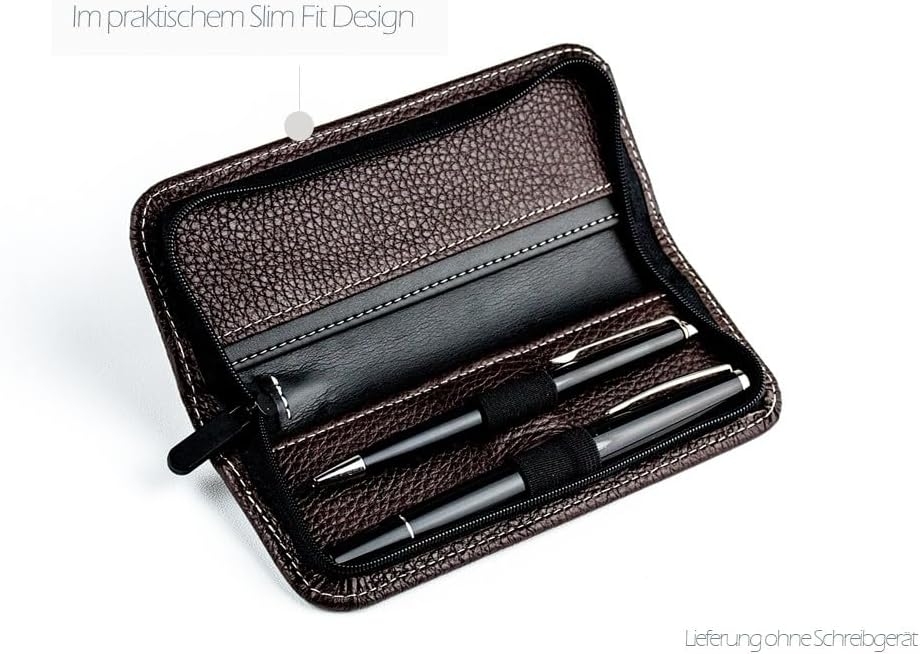 DELMON VARONE - Personalisierbares Schreibgeräte Etui Soft Grain Leder braun - Echtleder Stifteetui