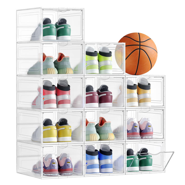 SONGMICS Schuhboxen, Schuh-Organizer aus Kunststoff, mit Tür, durchsichtig, Kunststoffboxen, 12er Se