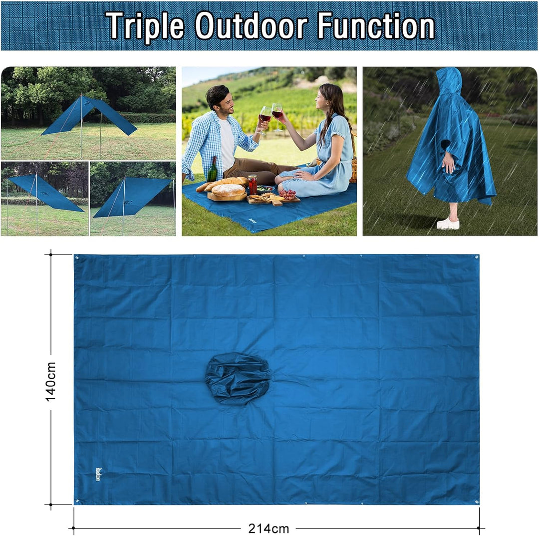 Azeekoom Regenjacke Regenponcho, Regenmantel Wasserdicht Unisex Camping Zelt Campingdecke 3 in 1 Mul