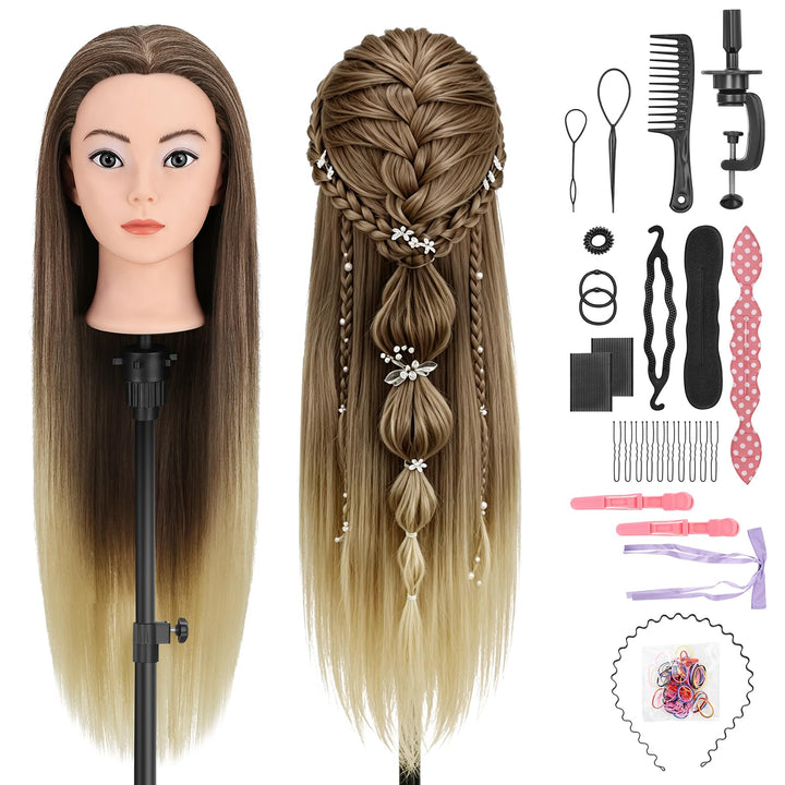 TwoWin 100% Synthetischer Frisierkopf, Übungskopf 28 Zoll /71cm Friseurkopf, Trainingskopf für Frise