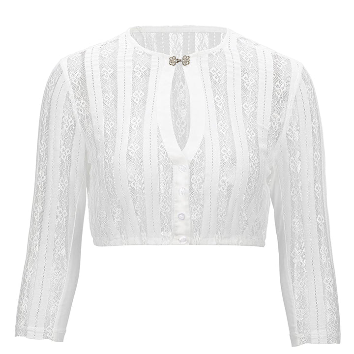 Dirndl Bluse Damen Hochgeschlossen Langärmlig 3/4 Arm V-Ausschnitt Atmungsaktiv mit Spitze Elegante