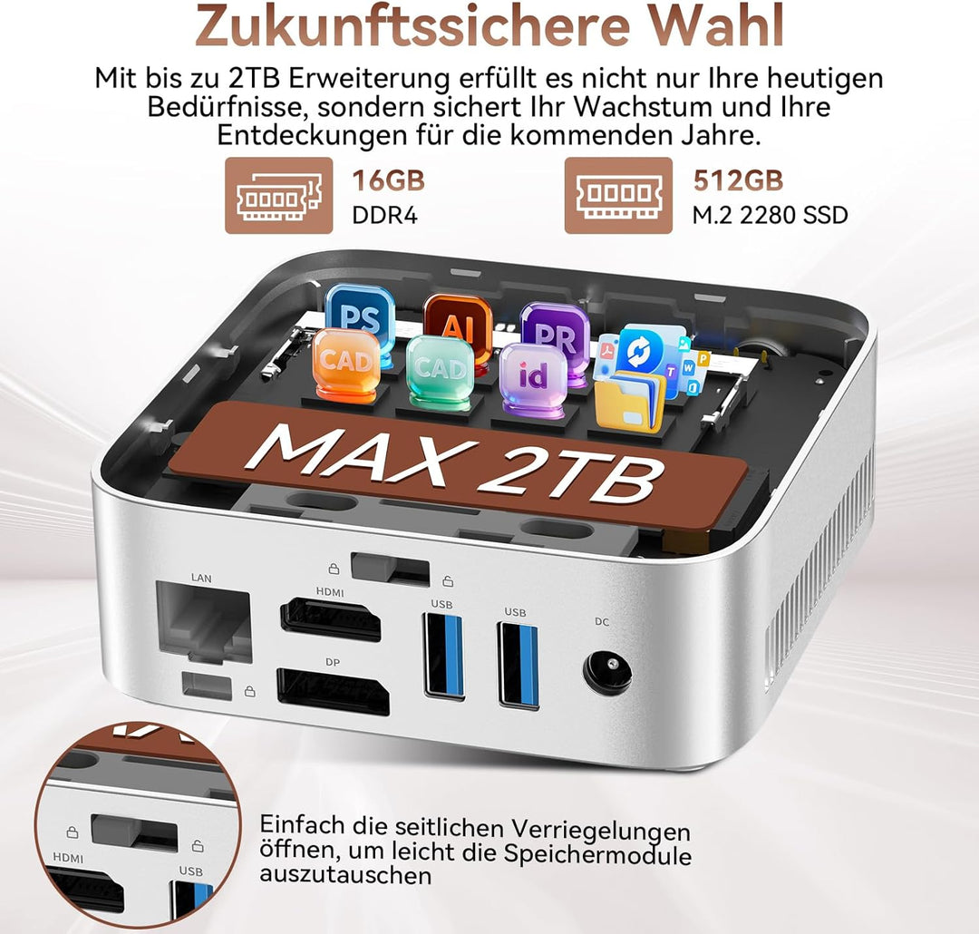 Huidun H80 Mini PC АMD Ryzen 5 (Besser als 4300U/i3-10110U) W11-Pro 16GB RAM 512GB SSD, 4K@60Hz UHD